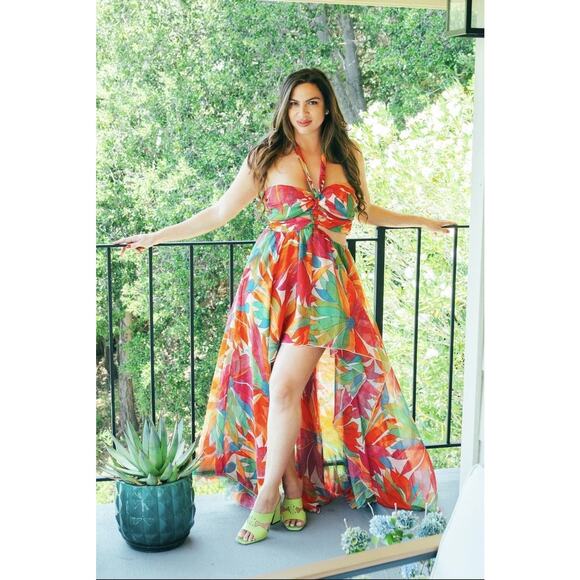 Ronny Kobo Natasha Multocolor jungle high low maxi cut out dress sz XL - Picture 1 of 8